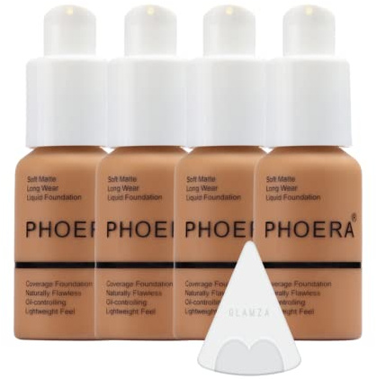 Glamza Phoera Foundation Full Coverage Makeup Set - 24hr Long Lasting Oil Control - Soft Smooth Matte Flawless Concealer Cream - Inc x4 30ml Foundation & Silicone Blender Sponge (108 Tan)