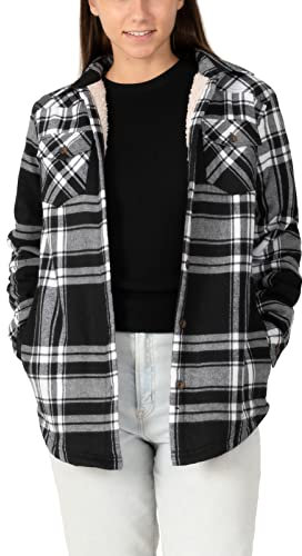 ZENTHACE Womens Plaid Flanell Jacke für Frauen Sherpa Fleece gefüttert Flanell Shirt Shacket Jacken Herbst Flanell Mantel schwarz weiß S