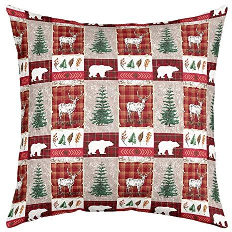 Weihnachten Throw Kissen Abdeckung 60x60cm Set Of 1 - Hirsche Kissenbezug, Bär-Motiv, Lattice Patchwork Dekor, Tannenbaum Bauernhaus Sanft Dekorativ Quadratisch, Rot Grün