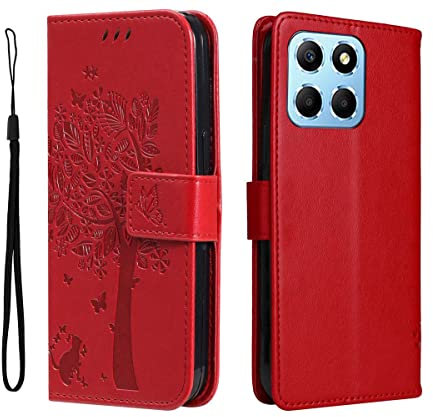 GOKEN Coque pour Honor 70 Lite/Honor X6 / Honor X8 5G, Housse Flip TPU/PU Portefeuille Cuir Portefeuille Étui avec Carte Fente/Stand Fonction, Embossée Motif Magnétique Case Cover, Rouge