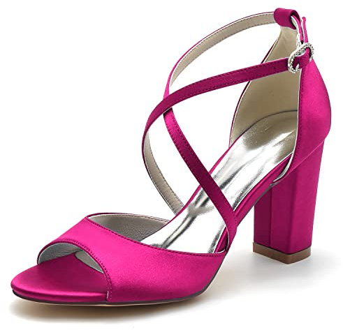 Donna tacco alto blocco sandali da sposa cinghia incrociata abito da sposa scarpe Peep Toe raso prom sera party pompa, Fucsia, 43 EU