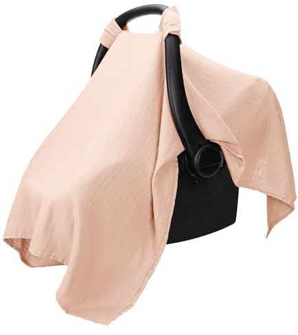 Comfy Cubs Muslin Baby Car Seat Cover - Soft Infant Car Seat Cover Blush | Breathable and Lightweight Muslin Cotton Baby Seat Cover - Designed in the US, Large Canopy for Sun Protection