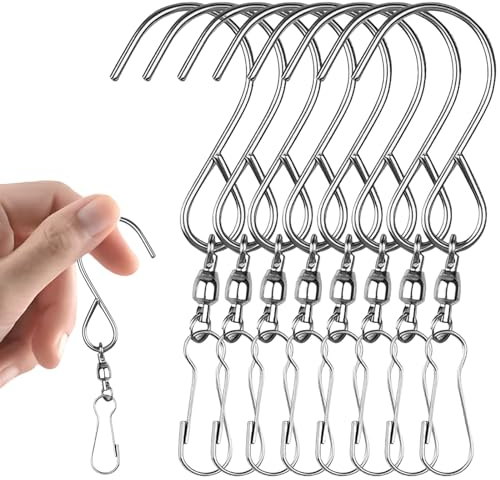 UICCVOKK 8 Pcs Rotating S-shaped Hooks, Stainless Steel Swivel Hooks, 360° Rotation, Windproof, Holds Up to 10kg, Multi-purpose for Wind Spinners, Wind Chimes, Decorations
