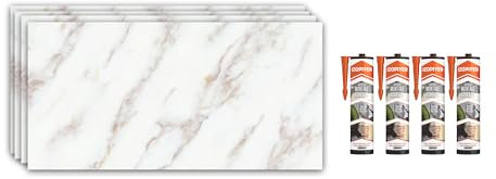 IZODEKOR Revestimiento de pared efecto mármol - 4x paneles con 4x adhesivo de montaje - Alternativa a baldosas/azulejos, panel ducha, panel para pared cocina | Ice Berg Beige