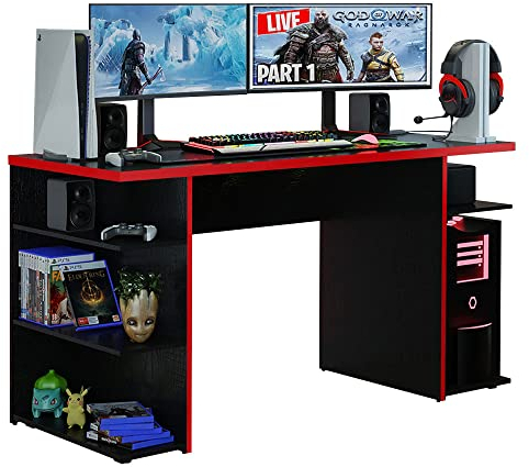 Madesa Gaming Computertisch, Schreibtisch, PC-Tisch, Bürotisch mit 5 Regale, 136 x 60 x 75 cm, aus Holz - Schwarz/Rot