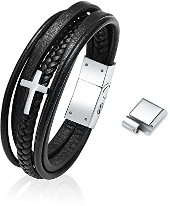 VCCWYQK Kreuz Urne Armband für Asche für Männer Einäscherung Schmuck geflochten Leder geflochtene Seil Double-Row Urne Armband Keepsake Schmuck Manschette Asche Armreif