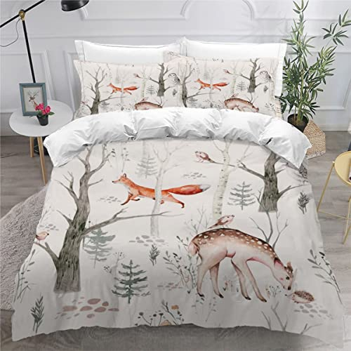 AKATIE Bettwäsche Eule Igel Bettwäsche 135x200 Kinder Waldtiere Bettbezug Set Weich Microfaser Kinderbettwäsche 3 Teilig Mit ReißVerschluss Mit 2 Kissenbezug 80x80 cm