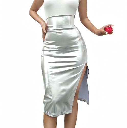 SamHeng Damen Midi-Rock Stretch Metallic Skinny Kurz Wetlook Sexy Hohe Taille Wrap PU Leder Röcke Slim Kunstleder Bleistiftröcke Bodycon Disco Steampunk Partyröcke Clubwear(Silber/L)
