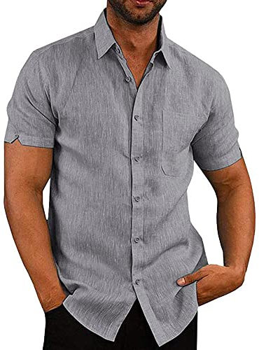 Glacspyg Leinenhemd Herren Kurzarm Leinenhemd Arbeit Freizeithemd Fit Business Casual Urlaub Sommer Strand Hemd Grau XL