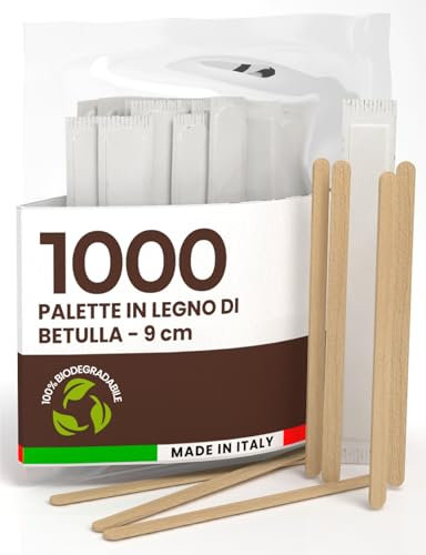 1000 Palette per Caffè Monouso in Legno di Betulla, Imbustate Singolarmente, Biodegradabili e Compostabili, Resistenti al Calore per Mescolare Caffè e Bevande Made in Italy