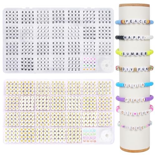 joymico 1620 Pcs Letter Beads, Round Black & Gold Alphabet Beads Friendship Bracelet Making Kit with Elastic String, Bracelets Jewelry Making Gifts for Girls