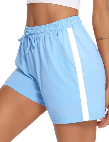 Litherday Shorts Damen Sportshorts Kurz Hosen Streifen Jogginghose Sommer Traininghose mit Taschen Elastischer Bund und Atmungsaktive Shorts zum Fitness, Running, Gym, Basketball, Himmelblau, M