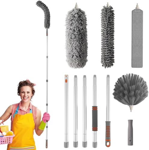 JUBORUI 10PCS Feather Duster Extendable, Bendable Washable Long Handle Duster with Extension Pole 230CM, Telescopic Duster,Microfiber Chenille Duster for High Ceiling Fans Lights Blinds Cars Furniture