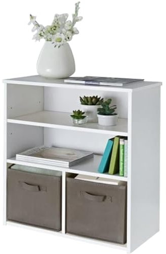 YORKSHIRE HOMEWARE White Bookshelf with 2 Shelves & 2 Grey Storage Baskets | Storage Cubes Shelves Units | Wooden Cube Units | Display Furniture Decor for Bedroom, Living Room, Kids Room