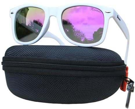 Rennec Sonnenbrille Verspiegelt Weiß Matt, UV400 Schutz, mit Hardcase, Damen Herren Markenbrille, Nerd Brille Retro Festivalbrille (Lila Verspiegelt - Rahmen Weiß)