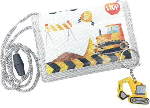 Brustbeutel Kinder Baustelle mit Schlüsselanhänger, Geldbörse Geldbeutel für Jungen, Bagger Geldbeutel zum umhängen, Brieftasche Kleine, Weihnachten Geburtstag Geschenk