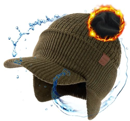 TOP-EX Waterproof Merino Wool Peaked Beanie Hats Men with Ear Flaps Ladies Winter Hats with Brim Warm Fleece Lined Womens Newsboy Baker Boy Caps for Golf Running Green M/L