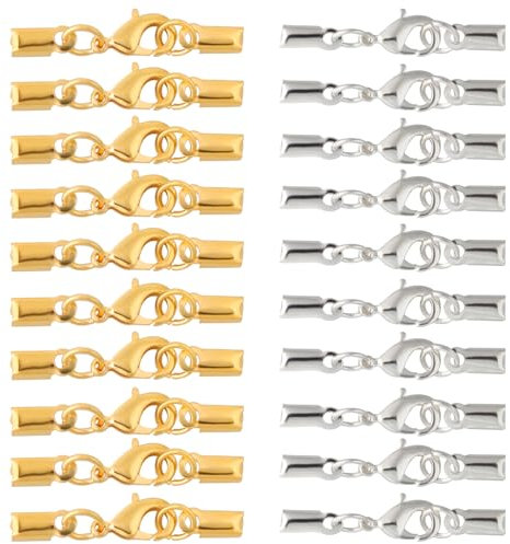 loghohu 40Pcs Lobster Claw Clasps with Cord Ends Stainless Steel Cord Ends for Jewelry Making Lobster Claw Clasps Fold Over Cord End Caps Leather Necklace Pendant Cord Ends Clip for DIY Bracelets