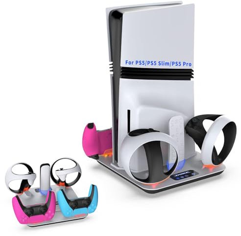 AriKroii PS5 Pro/PS5 Slim/PS5 Ständer mit PS VR2 Controller&PS5 Controller Ladestation, PS5 Vertikale Klammer mit 3 Stufig Lüfter Multifunktions-Kühlventilator Ladestation, Lagerung für PS5 Zubehör