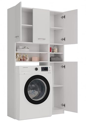 BDW - Ensemble de Meubles de Salle de Bains - étagère et Meuble pour Lave-Linge avec étagère - 180x96x30 cm - Ensemble de Salle de Bains spacieux, en Panneau stratifié Solide - Blanc