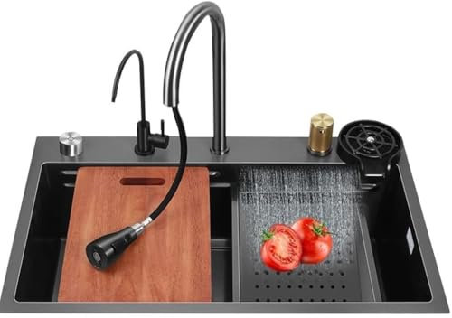 SaryEdge Fregadero de Cocina en Cascada, Fregadero de Cocina de estación de Trabajo, Fregadero de Cocina de un Solo tazón bajo encimera de Acero inoxid(Gris-68 * 46 * 22cm