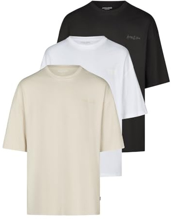 JACK & JONES Tshirt Herren Oversize Fit JJECHARGE 3er Set Pack Rundhals Kurzarm Sommer Tee Shirt Print, Größe:XL, Farbe:Pack 1 (Black/White/Moonbeam)