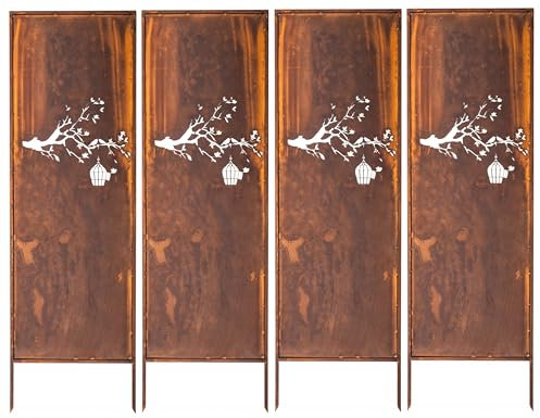 Kapaga - Sichtschutz Metall 4x - 160 cm x 50 cm - Edelrost - Rostoptik Sichtschutz für Garten - Sichtschutzelement - Sichtschutzwand - Gartendekoration Zaun - Rost (Strauch) (Vogel)