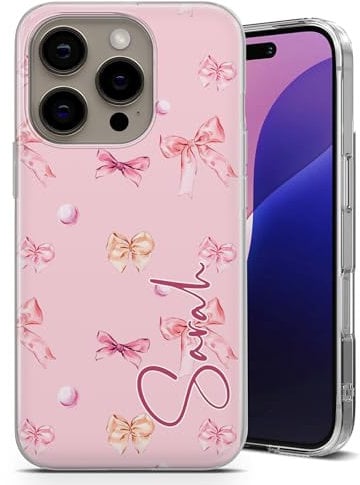 TULLUN Personalised Phone Case for iPhone 11 - Clear Soft Gel TPU Cover Cute Pink Ribbon Design Style With Your Own Name Text - Bow Pink