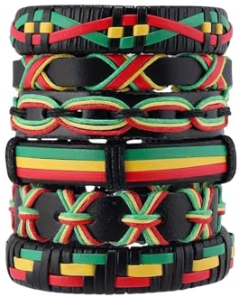 QKEOISUD 6pcs Rastafarian Bracelets,Rasta Adjustable Drawstring Strap Leather Braided Bracelet, Retro Jamaican Reggae Loop Men's and Women's Multi Layer DIY Travel Commemorative Jewelry Set