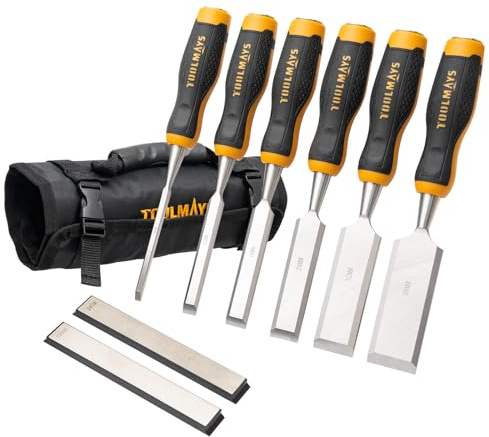 TOOLMAYS Stechbeitel Set für Holz inkl.Tasche und Schleifstein | 6-teiliger Stemmeisen Set, Holzmeiselset mit 25° Keilwinkel