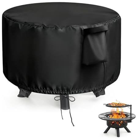 Flymer Outdoor Fire Pit Cover Round 500D Heavy Duty, 92 × 60 cm | Waterproof, Windproof, 2 Bottom Buckles, Bottom Drawstring, 2 Air Vents, 2 Handles