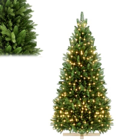 LILIIN Albero di Natale artificiale di alta qualità, 150 cm, in PVC verde + PE, montaggio rapido, Chwer, infiammabile, con sistema pieghevole, supporto in legno, con luci