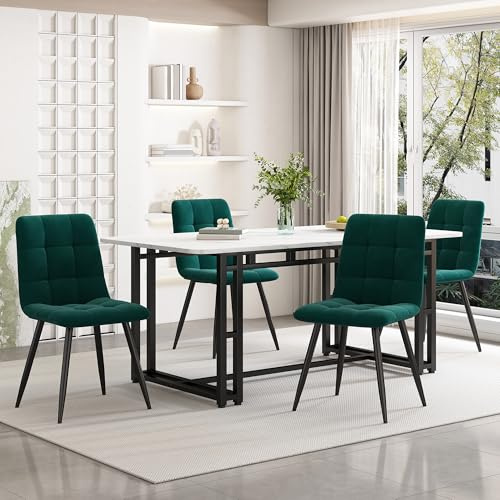 Esstisch mit 4 Stühlen Tischplatte in Marmoroptik Metallbeinen Essgruppe 5-teilig für 4 Personen Rechteckiger Küchentisch Set für Esszimmer Wohnzimmer Sitzgruppe Grün