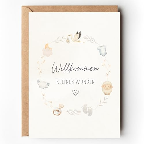 Glückwunschkarte zur Geburt Baby Boho geschlechtsneutral, Grußkarte Willkommen kleines Wunder Aquarell, Beige Baby Karte A6 mit Umschlag Geld Geschenk Junge Mädchen (1 Karte mit Umschlag)