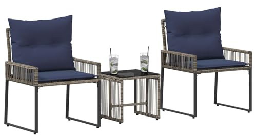 vidaXL Gartenmöbel Set 7 pcs Grau und Marineblau Poly-Rattan, Gartenmöbelset, rustikales Design, wetterfest, schicke Rattan-Sitzgruppe für Terrasse, Komfort und Entspannung