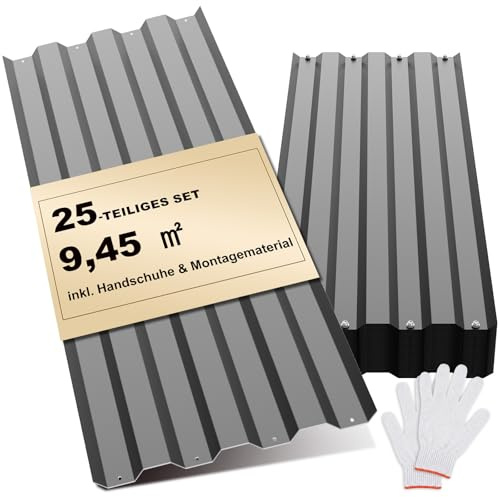 Huracan 25 Stück Trapezblech Profilblech Set 108x35cm, 9,45 m² Dachblech verzinkter Stahl 0,25mm, Dachplatten für Carport Gerätehaus, Schuppen & Dach, inkl. Handschuhe und 250 Schrauben, Anthrazit