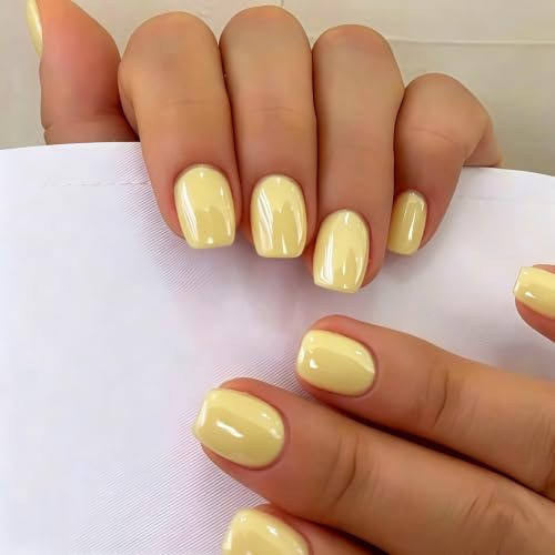 SXVME Chrome Press On Nails Short Square, 30 Pcs Glazed Bright Yellow False Nails Short with Mirror Finish, Sparkly Bling Fake Nails Press on, Soft Gel Stick on Nail for Women Cute Manicure