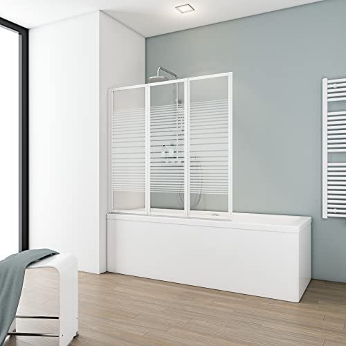 Schulte Duschwand Smart inkl, Klebe-Montage, 127 x 121 cm, 3-teilig faltbar, 3 mm Sicherheits-Glas Dekor Querstreifen, Alpin-weiß, Duschabtrennung für Wanne