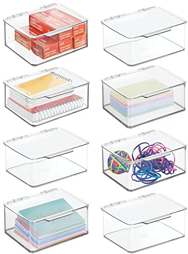 mDesign 8er-Set Schreibtisch Organizer – stapelbarer Büro Organizer aus BPA-freiem Kunststoff – kleine Aufbewahrungsbox mit Klappdeckel für Stifte, Radiergummi und anderes Bürozubehör – durchsichtig