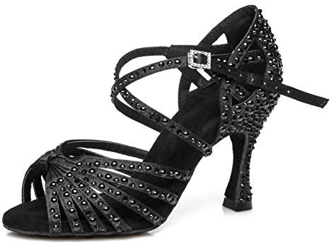 MINITOO Damen Tanzen Schuhe Tanzschuhe Latein Salsa Glitzer Sandalen L429 Schwarz EU 37