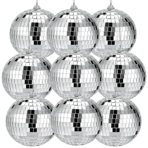 Suwimut 9 Pack Mirror Disco Ball, 4 Inch/10cm Small Reflective Mirror Ball Ornaments Silver Hanging Disco Ball for Party, Birthdays, Weddings, Home Decorations, Stage Props, Game Accessories