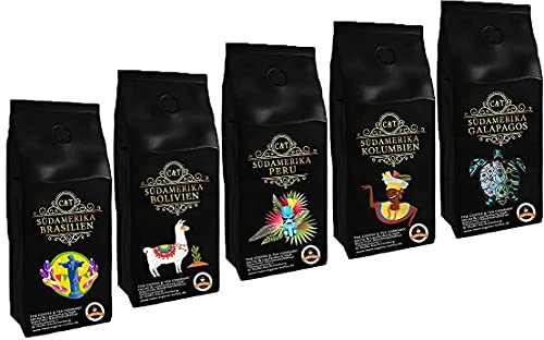Länder Kaffee Geschenk Set Südamerika , Kaffeebohnen frisch geröstet 5 x 500 g Sparpreispaket Gemahlen