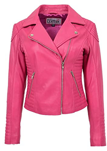 Anna Veste de motard en cuir véritable avec fermeture éclair croisée pour femme - Rose - 40
