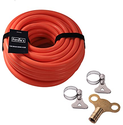 Fordle’s 15m Drain Down Hose Kit for Radiator/Heating System Repair Maintenance Servicing – Flexible TPU Rubber with 12mm Bore – Includes Radiator Bleed Key & 2 Connector Clips & 2 Storage Straps