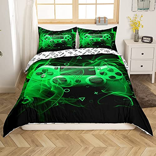 Homemissing Youth Gaming Bedding Set Kids Gamer Duvet Cover for Boys Girls Game Controller Bedding & Linen Modern Games Console Action Buttons Double Size Green Black