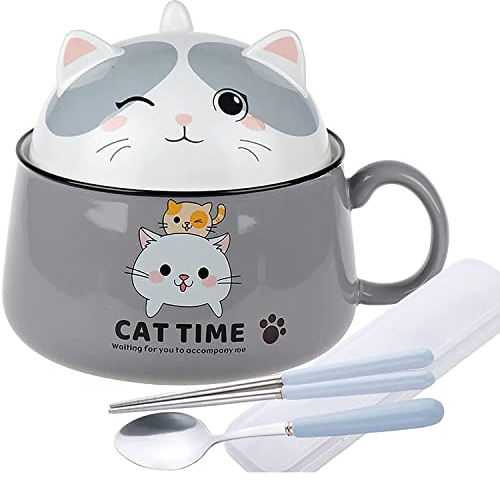 Ramen Bowl with Handle and Lid, Ceramic Instant Noodle Bowl with Spoon & Chopstick, 1020mL Large Noodles Bowl Soup Bowls, Porcelain Bowls for Soup, Udon Pasta Salad Cereal, Dishwasher Microwave Safe