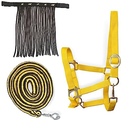 Halfter für Pferde mit Führstrick & Fliegenfransen Pferd, Halfter mit Strick - Halfter Pony Shetty Halfter Cob Full Kb (Pony, Gelb + Gelb-Schwarz)