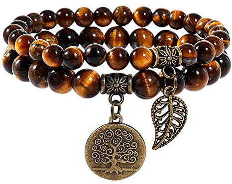 Farfume Bracelet En Pierre Naturelle - Bracelet Perles Naturelles Femme-Ensemble De Deux Bracelets Avec Accessoires Arbre De Vie Et Feuille(Moyen 18,5 cm Pierre Œil de Tigre (Force))