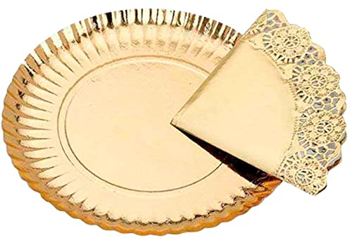 Tradineur - Bandeja de cartón oro redonda con blonda - fuente reciclable para pasteles con encaje de papel, especial para fiestas o celebraciones- Ø 24 cm