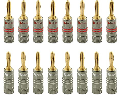 Nakamichi Ultimate Series 24K vergoldeter Beryllium-Rotes-Kupfer-Bananenstecker Banana-Steckverbinder für Lautsprecherkabel 12-18 AWG Gauge Größe 4 mm, für HiFi-Boxen Verstärker 16 Stück (8 Paare)